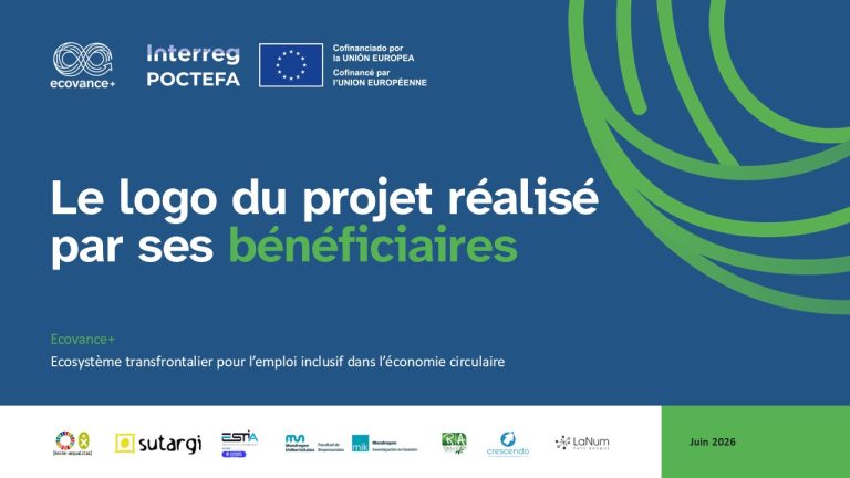 Visuel annonçant la réalisation du logo ECOVANCE+ par des bénéficiaires, avec les logos du projet, des financeurs et des partenaires.